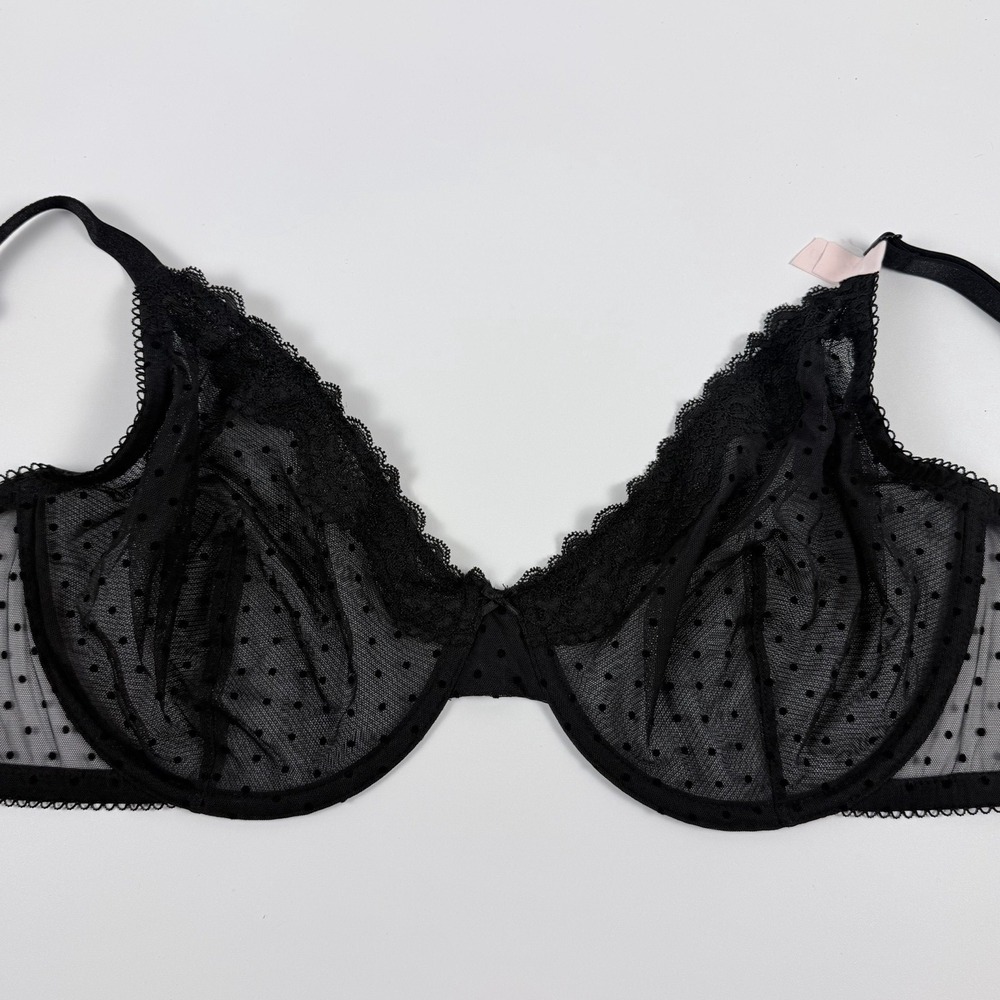 Victoria's Secret Tease Demi Bra Unlined Black Polka Dot Mesh Lace 36DD NWT